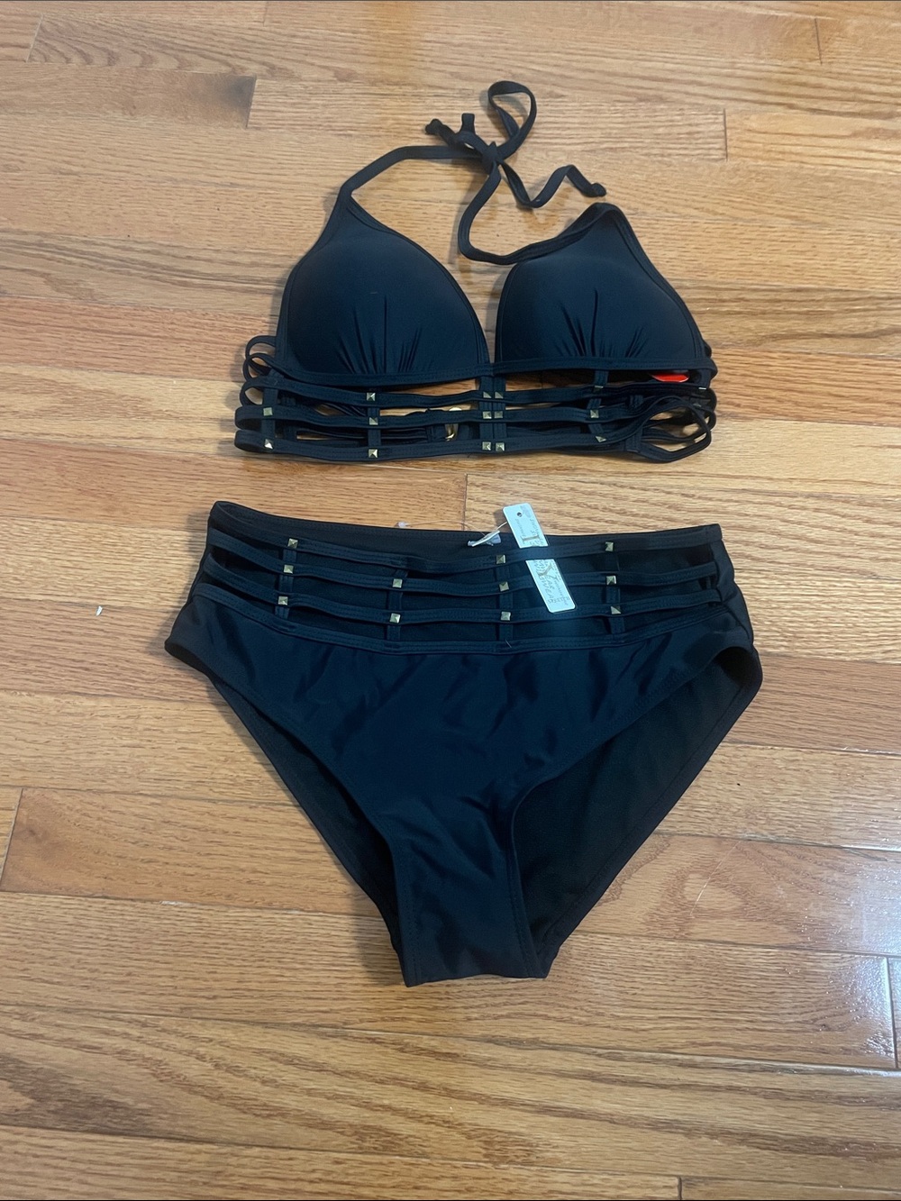Black Strappy Halter Bikini Set with High-Waist Bottom